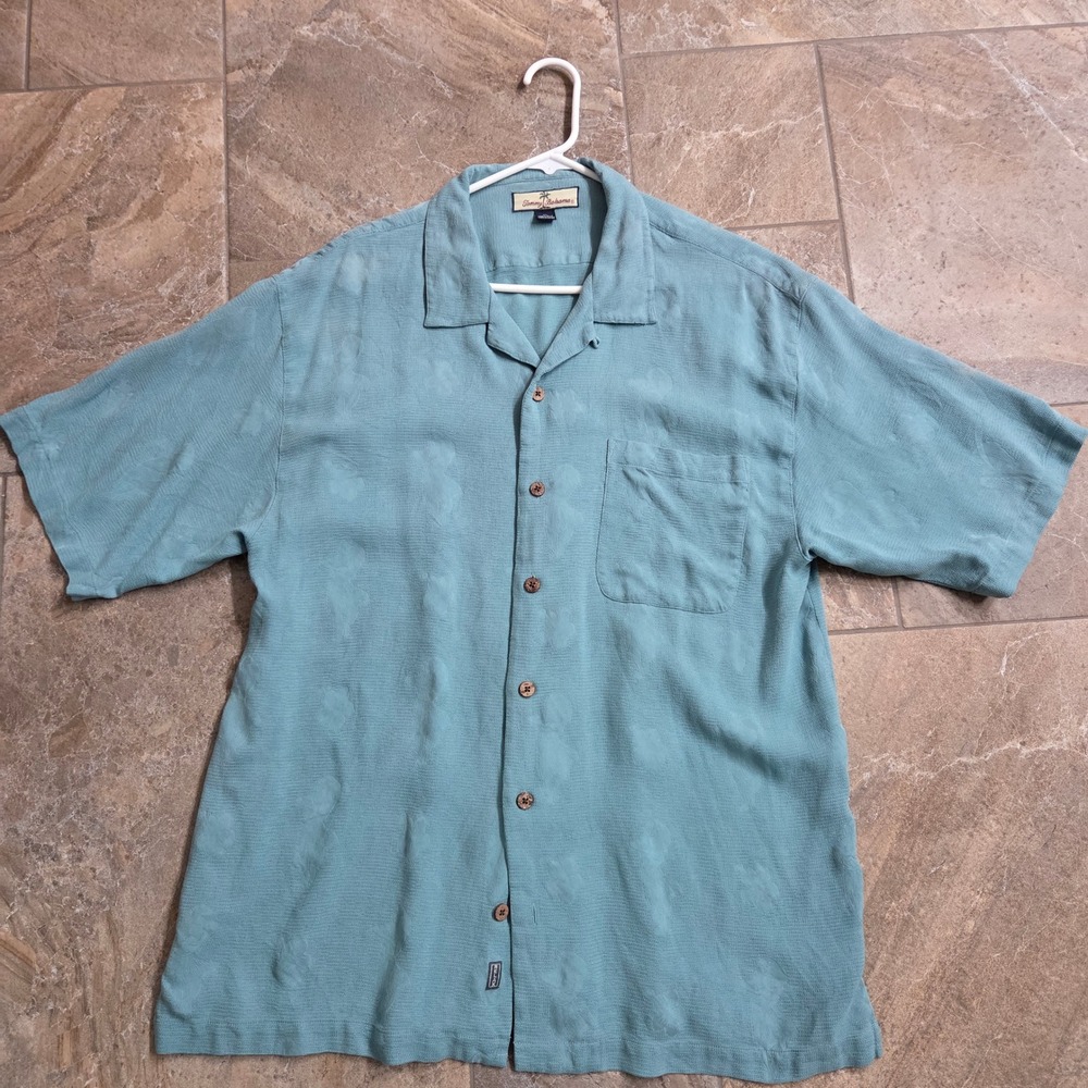 Tommy Bahama Mens Silk Short Sleeve Button Up Shirt Turquoise Relaxed Fit XL